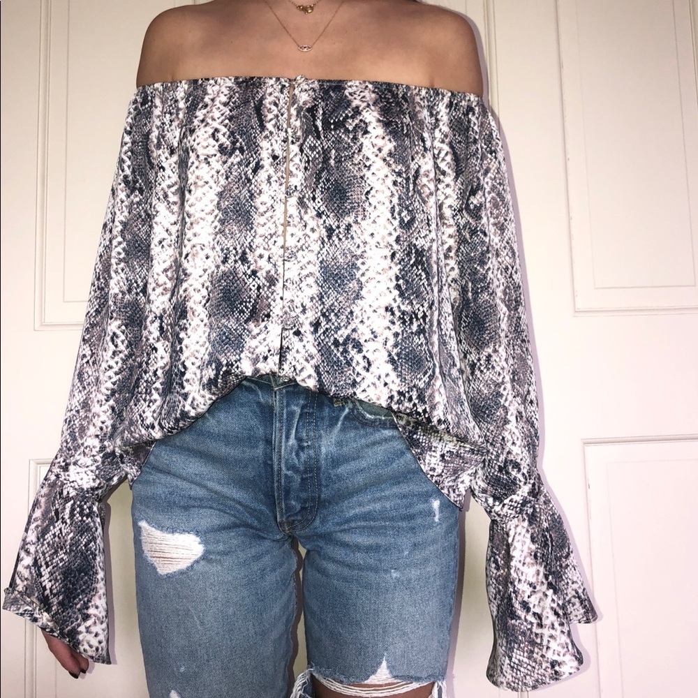 “snake skin” off the shoulder blouse